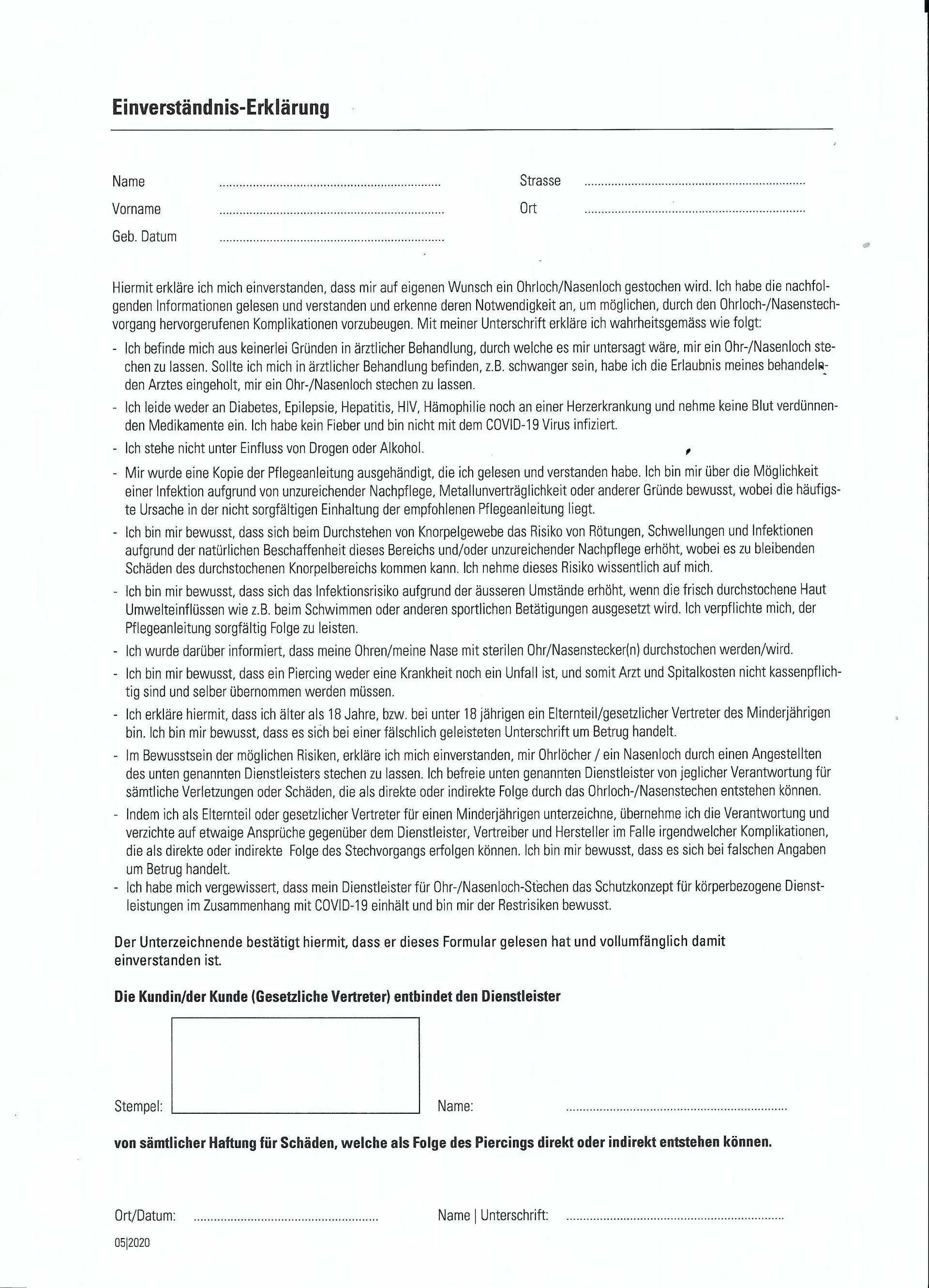 Einverständnis-Erklärung Ohrlochstechen