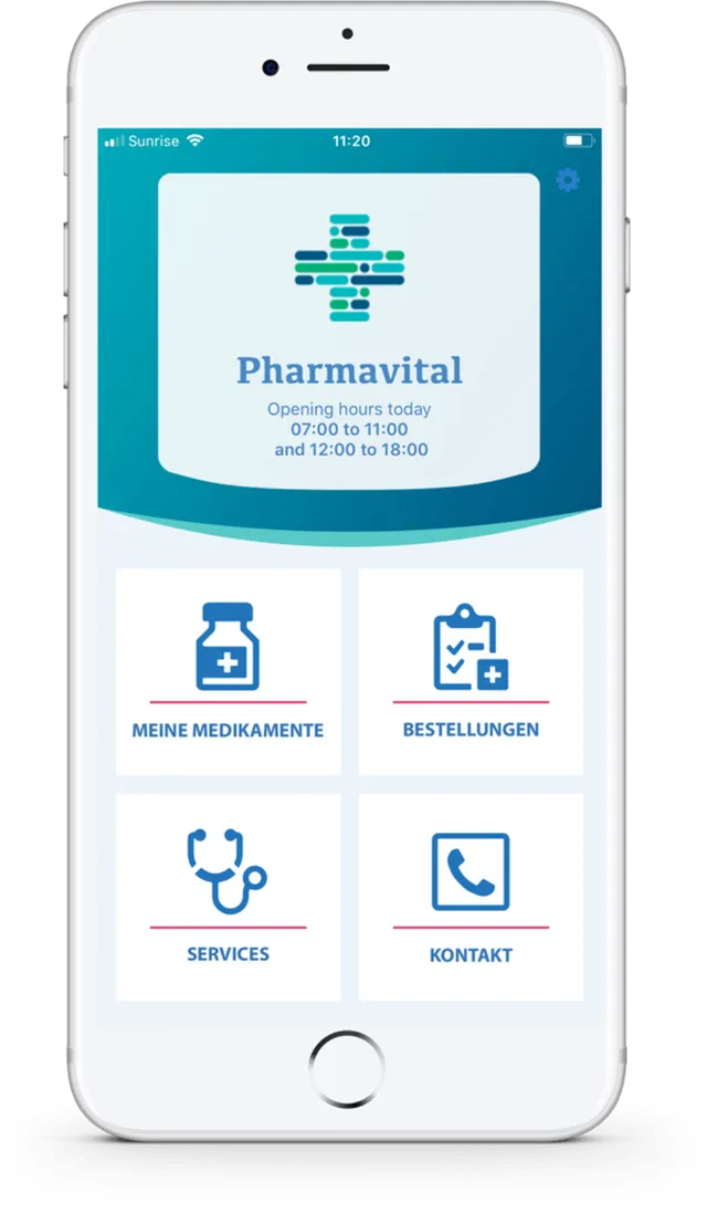 Pharmavital-Apotheken-App auf einem Smartphone, der eine türkisfarbene Kopfzeile und vier Service-Symbole zeigt.