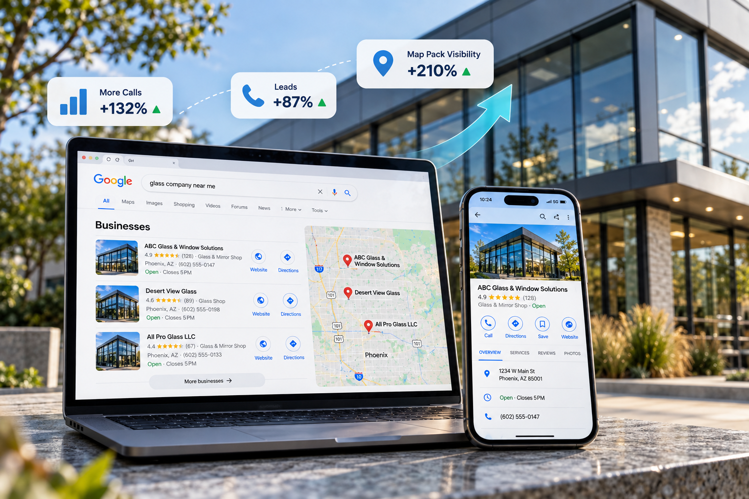 Laptop and phone showing business analytics dashboard on a stone table outside a modern office building