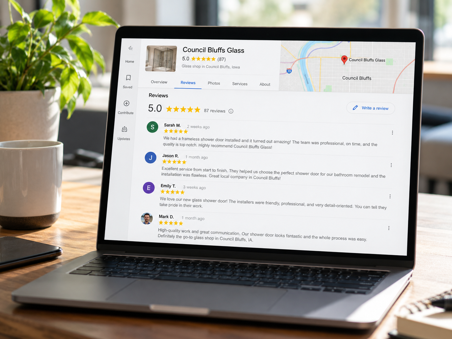 5-star Google reviews for a glass shop's shower door installation.