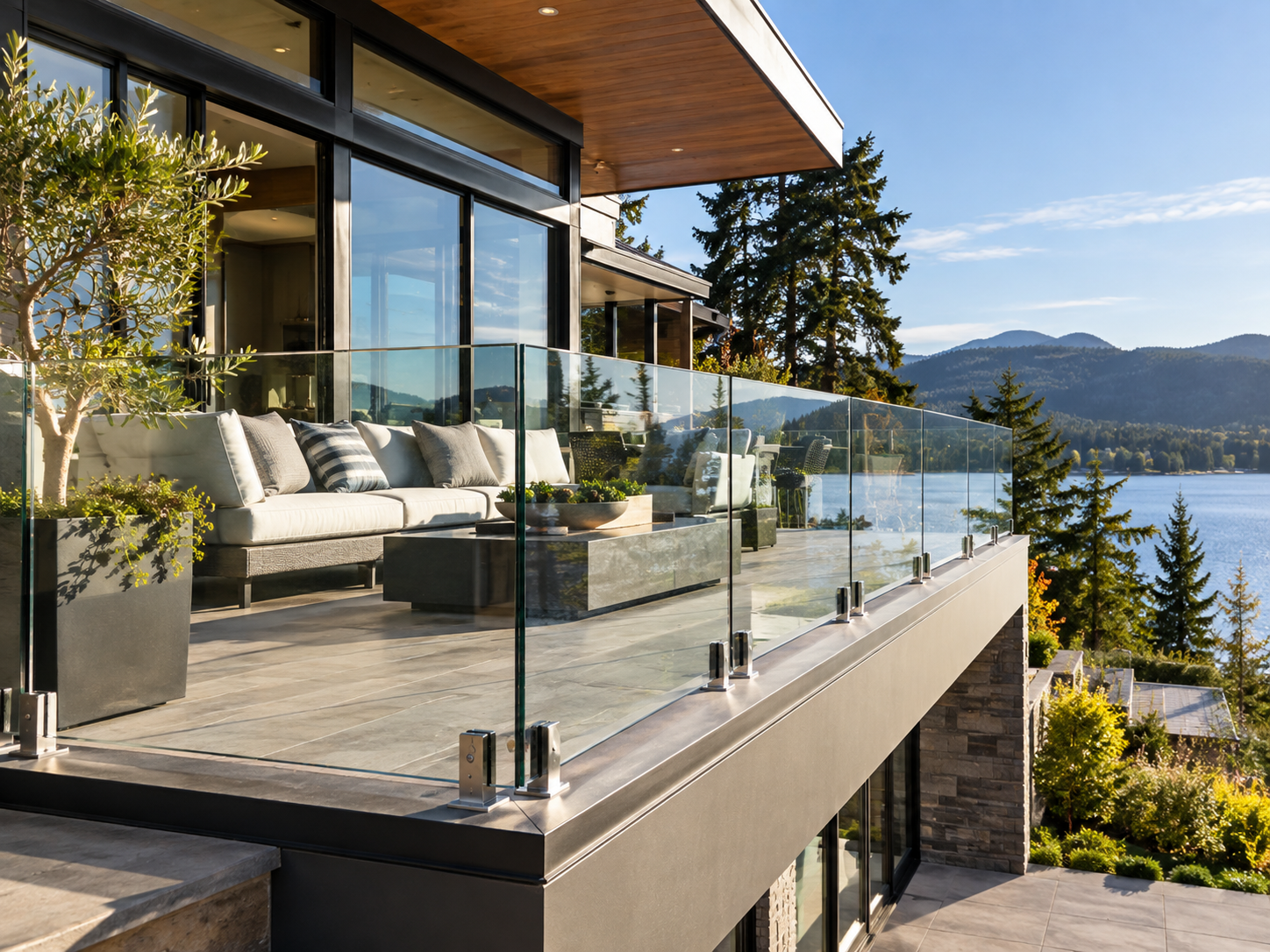 Glass railing on a modern deck, a high-value job glazier SEO helps glass shops rank for