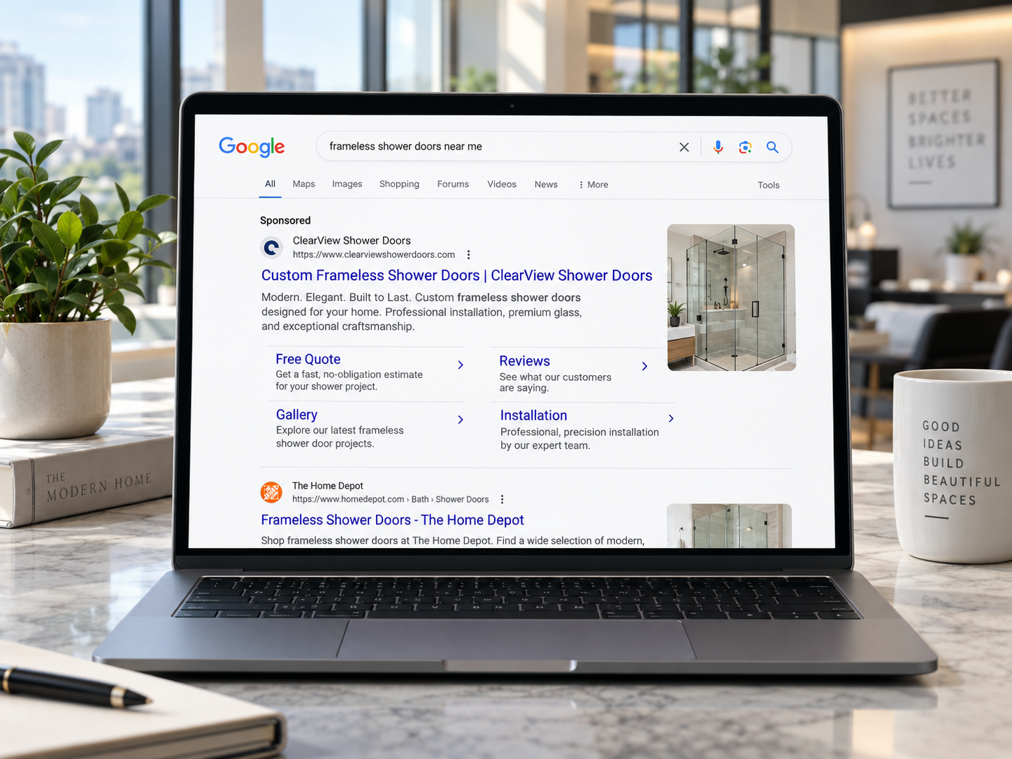 Google search ad for a frameless shower door company.