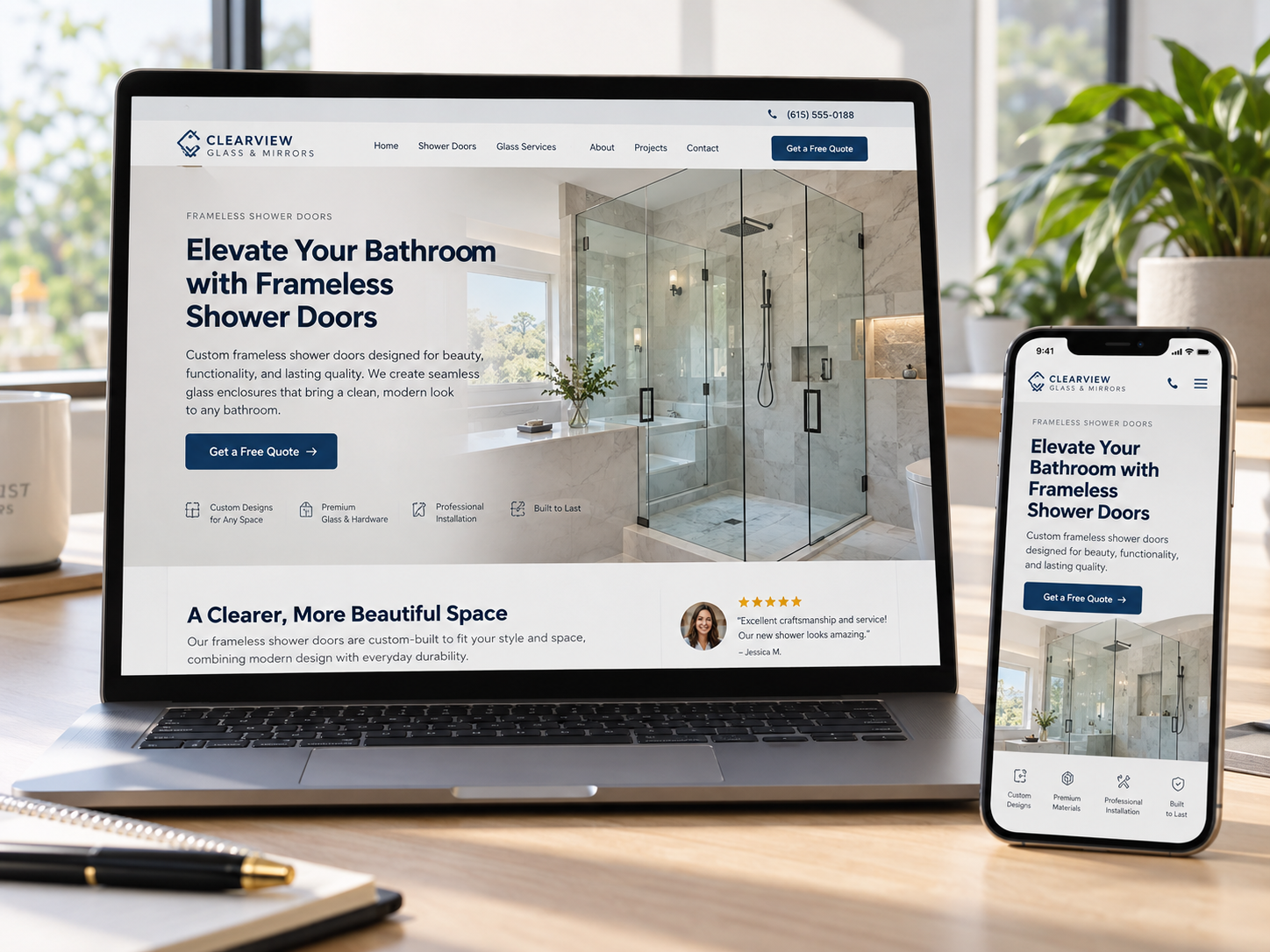 Glass company website on a laptop and phone showing a frameless shower door service page