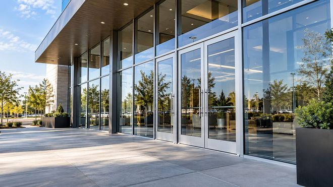 Modern glass building entrance with large windows, concrete walkway, and trees reflected in the facade