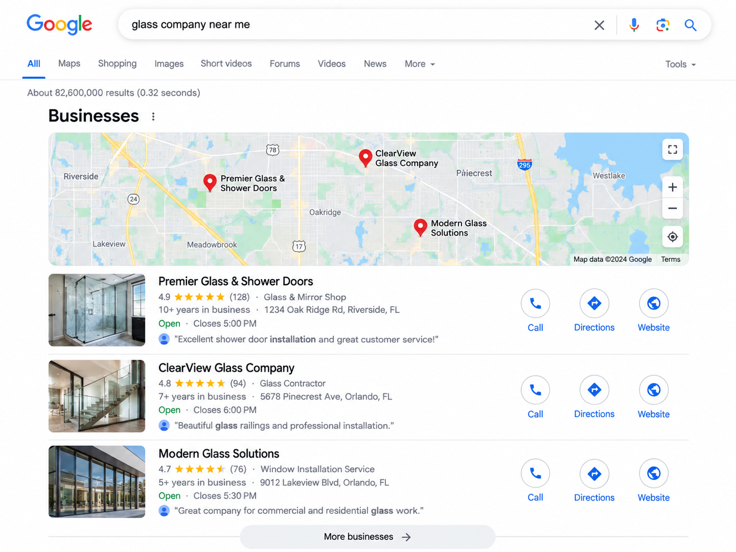 Google Map Pack results showing a glass shop's Google Business Profile with reviews and photos.