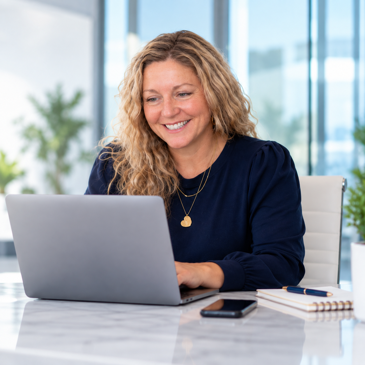 Sara Guida, founder of True Glass Marketing, at her desk in Council Bluffs, Iowa
