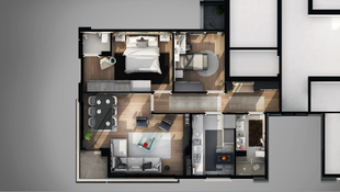 Modern apartment floor plan with living room, kitchen, two bedrooms, and bathrooms.