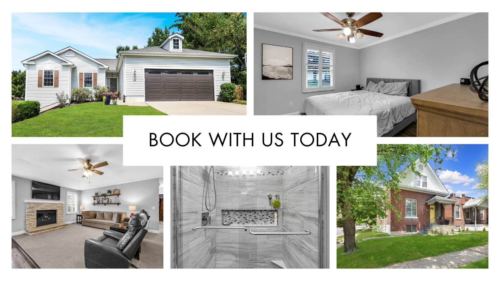 Real estate collage of a house exterior, kitchen, bedroom, bathroom, and living room with “BOOK WITH US TODAY” text