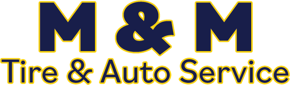 Logo for M&M Tire & Auto Service with navy blue text and yellow outlines on a white background.