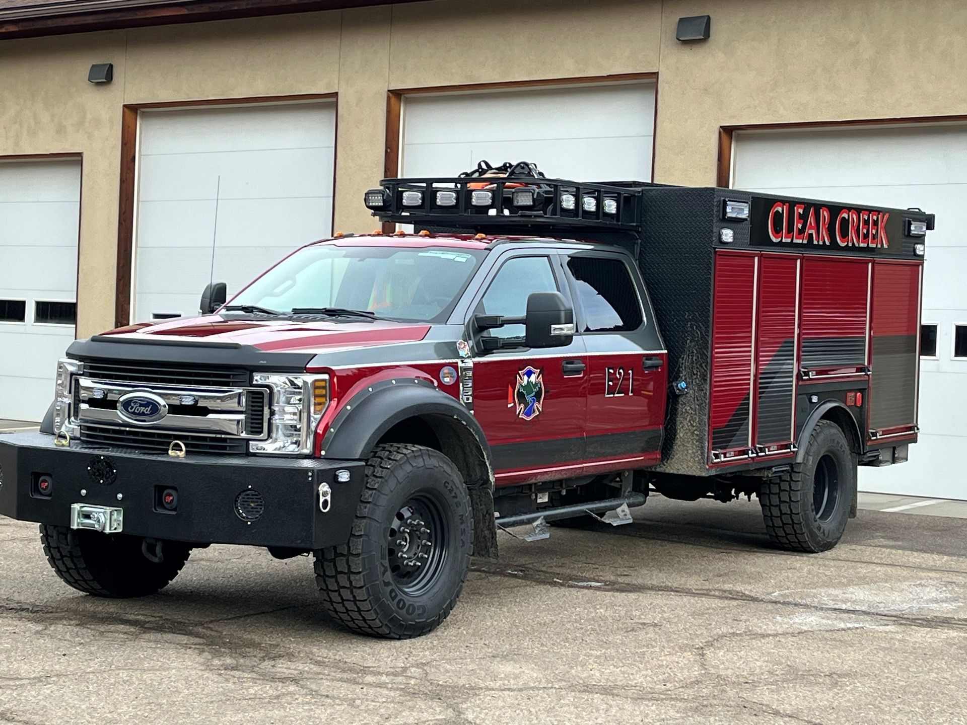 Clear Creek Fire Truck parked outside of building in Colorado
