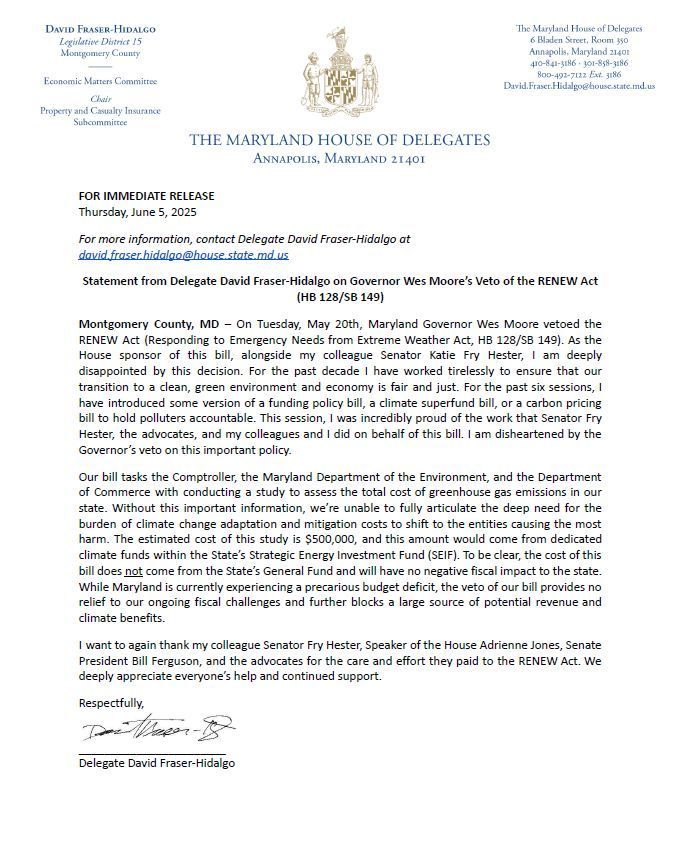 Formal government letter on House of Delegates letterhead with crest and typed text.