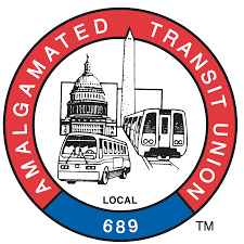 Amalgamated Transit Union Local 689 logo with Capitol, monument, bus, and train in red, white, and blue