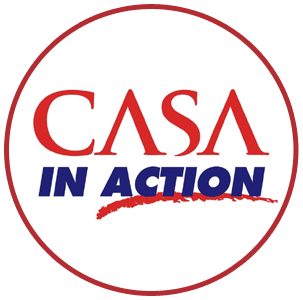 CASA IN ACTION logo in red and blue inside a red circle