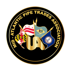 Atlantic Pipe Trades Association logo with black background, gold ring, and Maryland flags and symbols