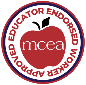 MCEA apple logo in a red, white, and blue “Approved Educator Endorsed” circular seal