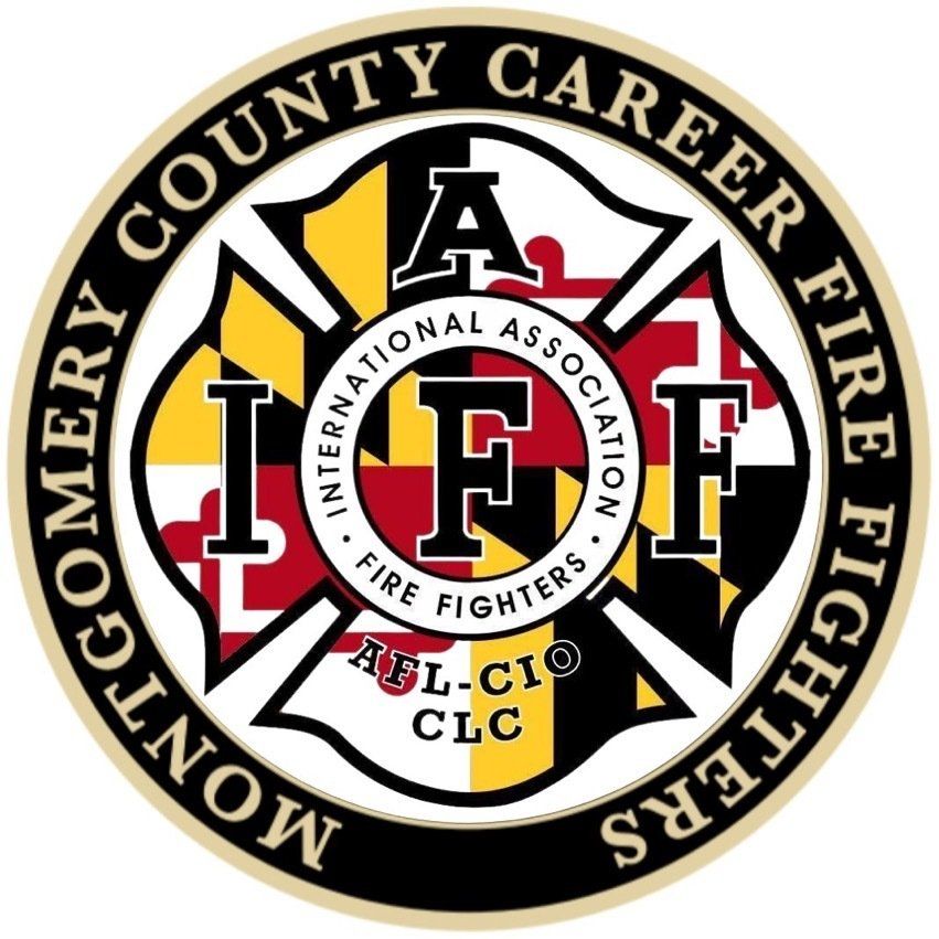 Montgomery County Career Fire Fighters circular logo with black, gold, red, and white emblem