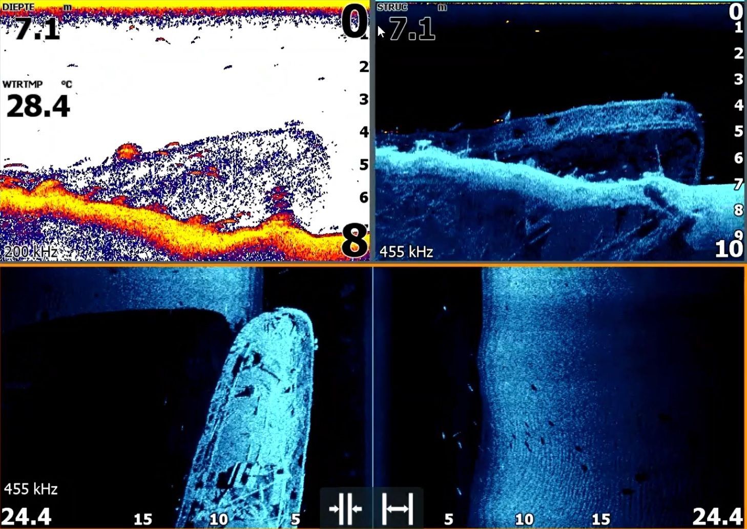 Een fishfinder-scherm toont een vis die wordt gevangen op 28,4 voet