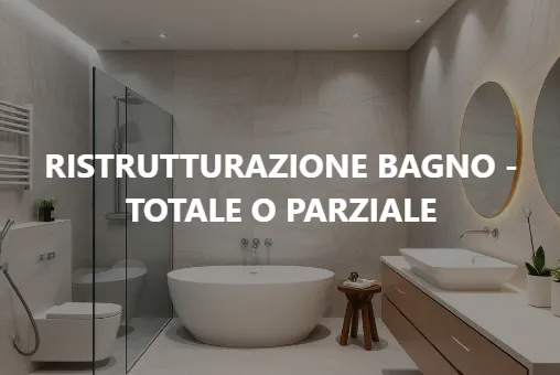 Bagno moderno in toni neutri con testo: “RISTRUTTURAZIONE BAGNO – TOTALE O PARZIALE”