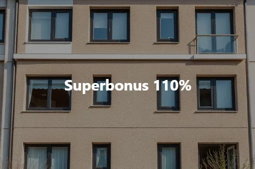 Facciata di un condominio con la scritta "Superbonus 110%" sovrapposta.