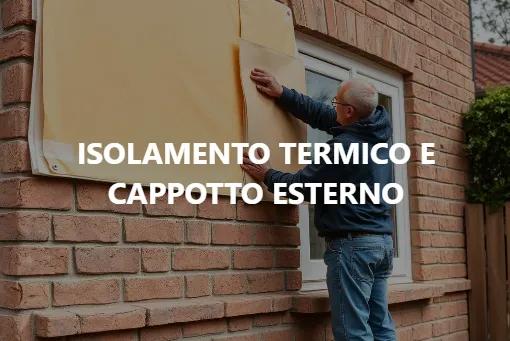 Operaio che installa isolamento termico esterno su un muro di mattoni, con la scritta “ISOLAMENTO TERMICO E CAPPOTTO ESTERNO”