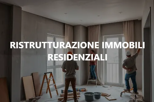 Ristrutturazione di interni con tre operai al lavoro in un soggiorno vuoto, testo sovrapposto in bianco