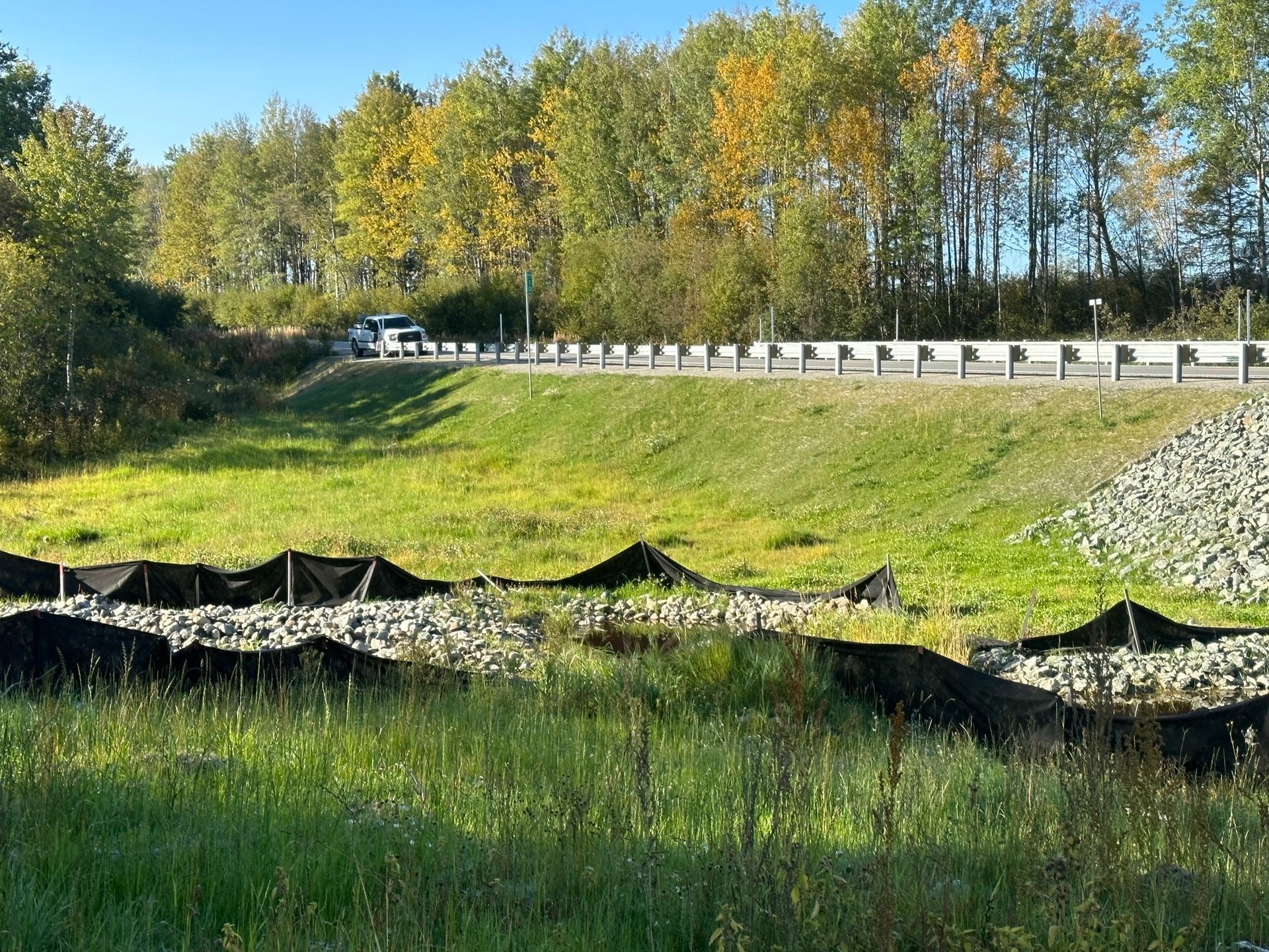 Talus herbeux recouvert de filets anti-érosion noirs, route et arbres aux couleurs d'automne.