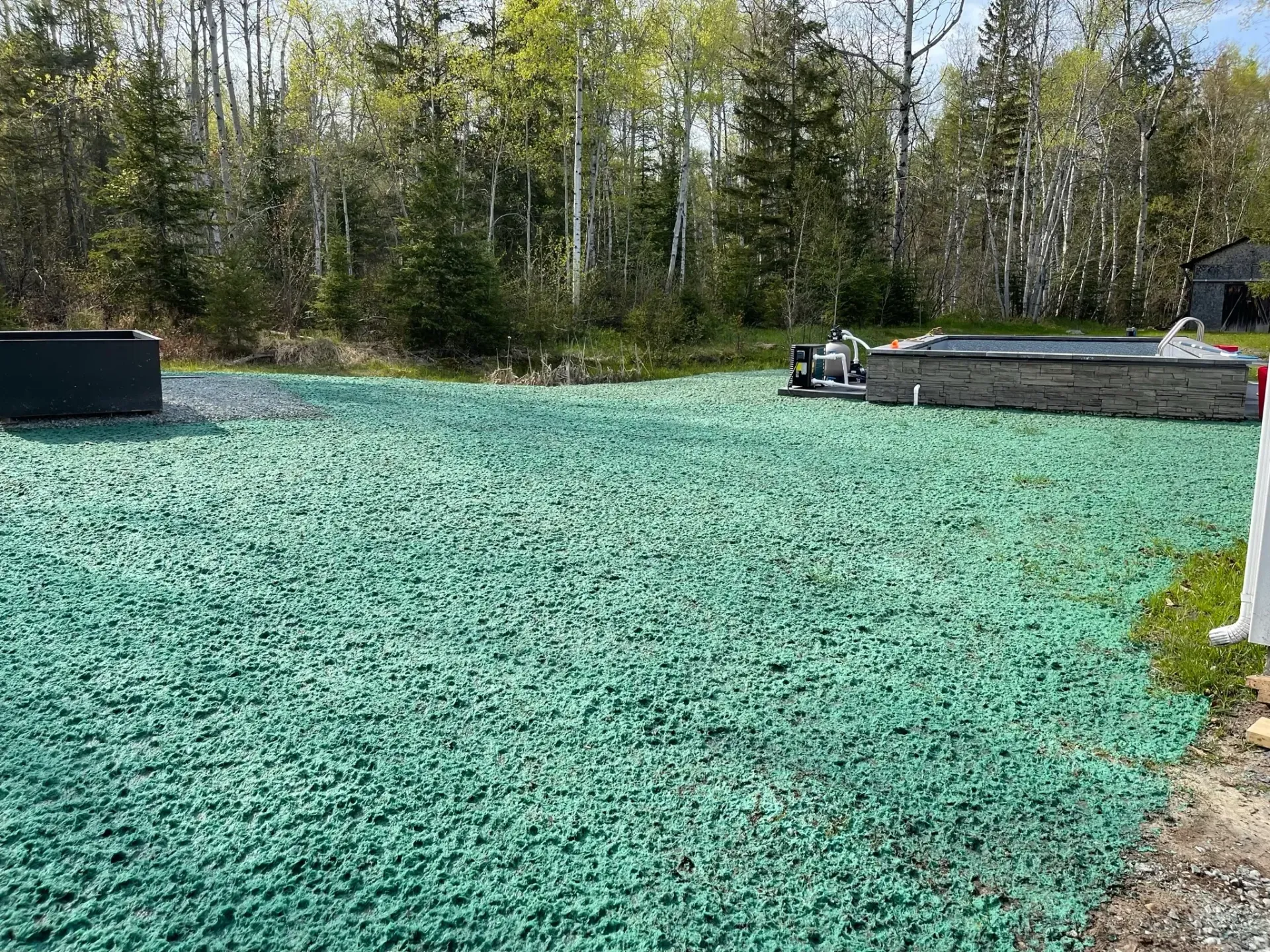 Un grand champ de gravier vert avec des arbres en arrière-plan.