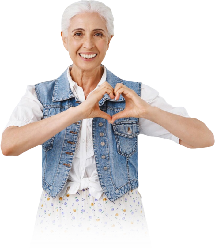 A woman in a denim vest is making a heart shape with her hands.