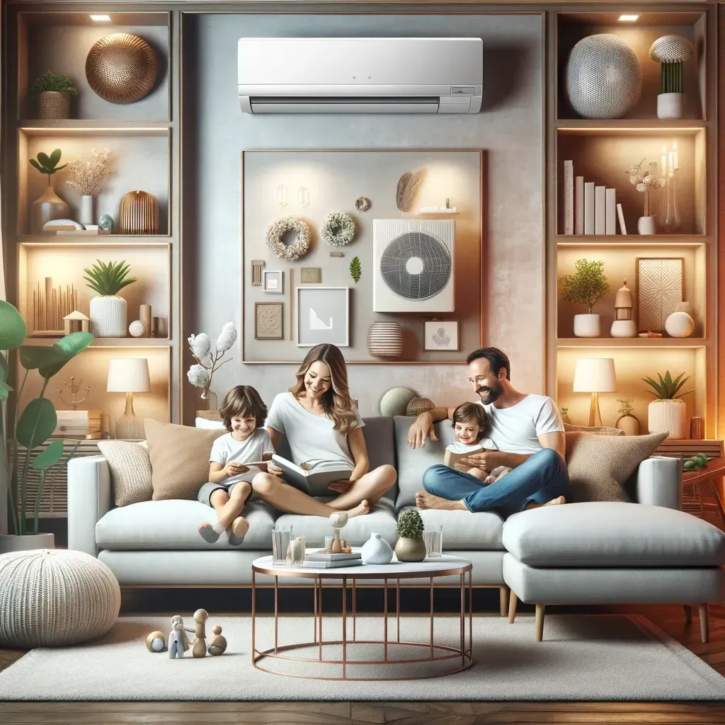 A family is sitting on a couch in a living room.