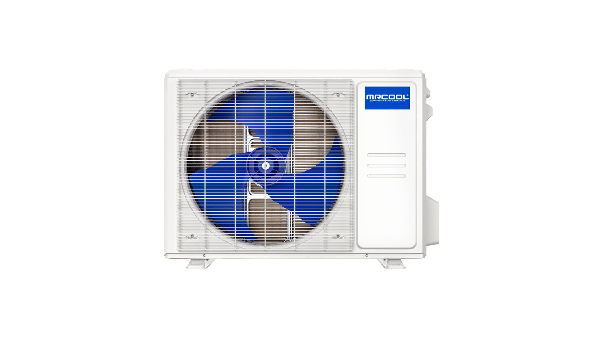 White air conditioning unit with blue fan blades.