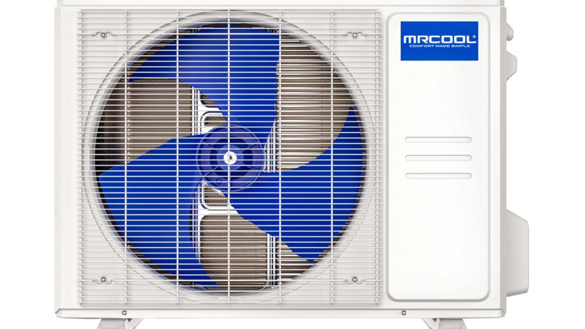 A white air conditioner with a blue fan on it
