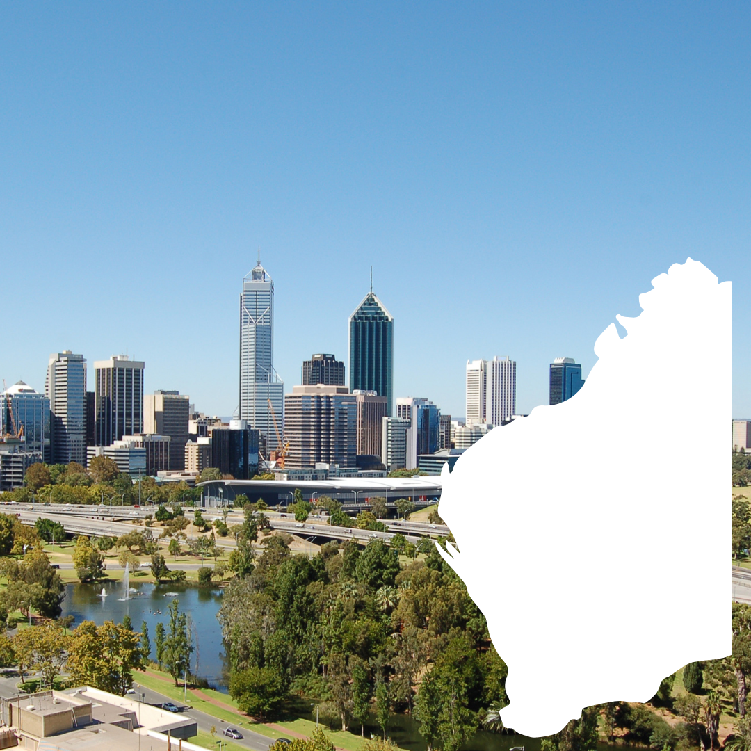 An aerial view of a city with a silhouette of a state in the foreground