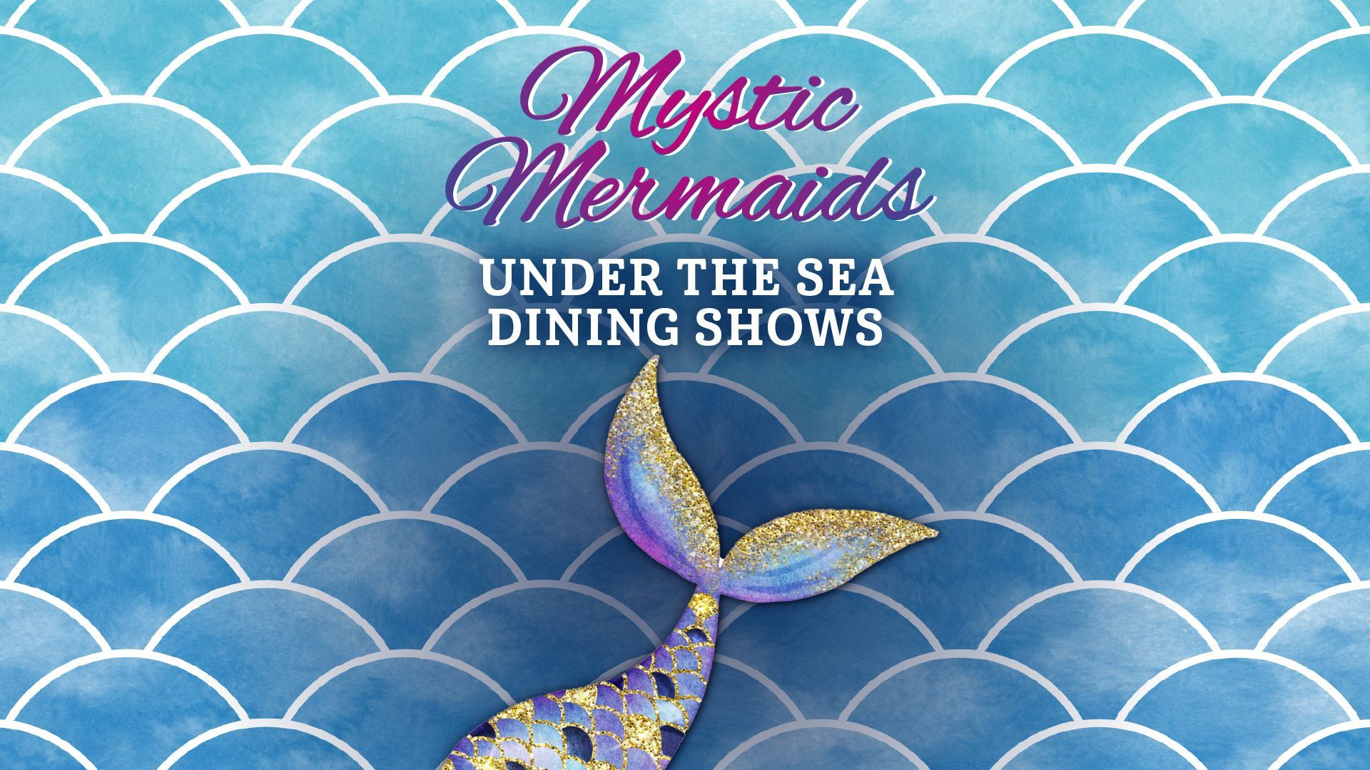 Mystic Mermaids logo: a mermaid tail on a blue scale background, text