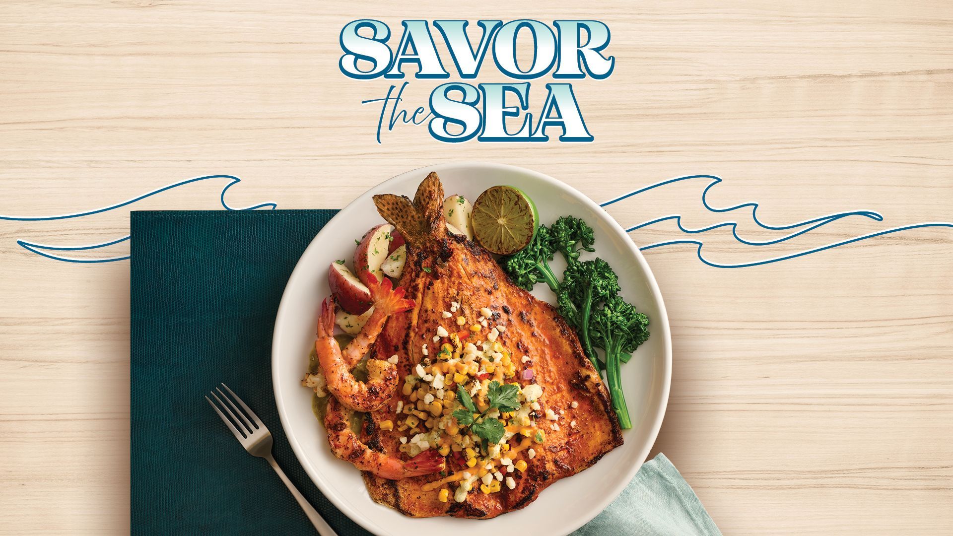 Plate of fish and sides with text