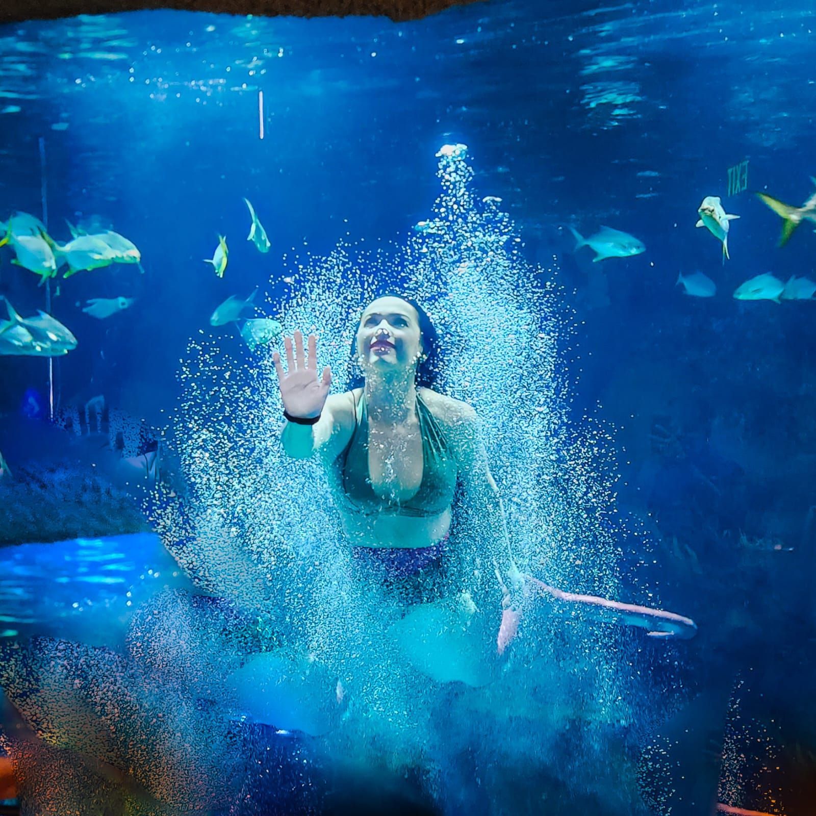 Mermaid waving in a blue-lit aquarium, surrounded by bubbles and fish.