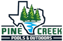 Pine Creek Pools & Outdoors logo with Texas outline, pine trees, and blue creek graphic