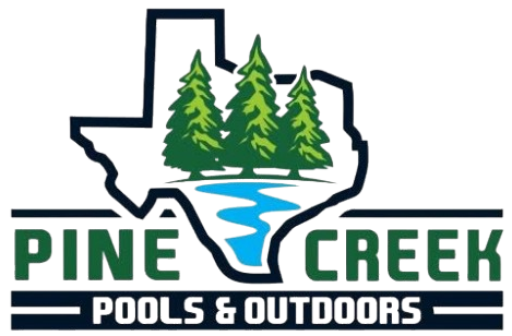 Pine Creek Pools & Outdoors logo with Texas outline, pine trees, and blue creek graphic