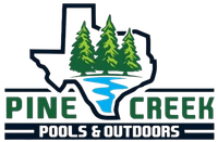 Pine Creek Pools & Outdoors logo with Texas outline, pine trees, and blue creek graphic