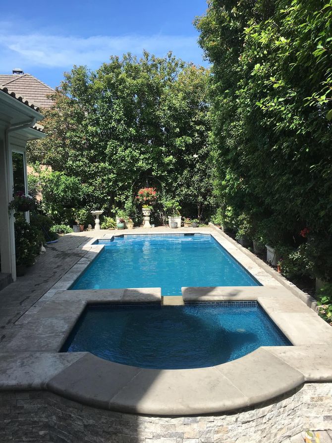 Backyard swimming pool with blue water, a hot tub in front, and lush greenery around it