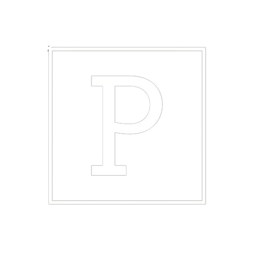 Faint outlined letter P inside a square border on a white background
