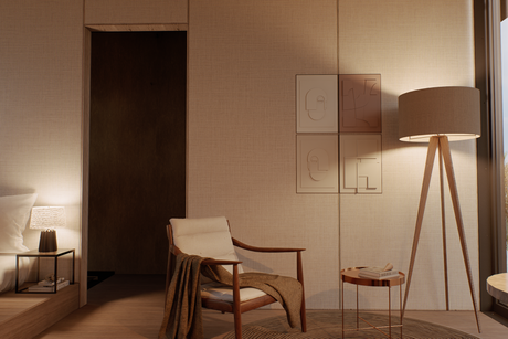 Cozy bedroom: armchair, floor lamp, and side table. Neutral tones. Light streams in from a window.