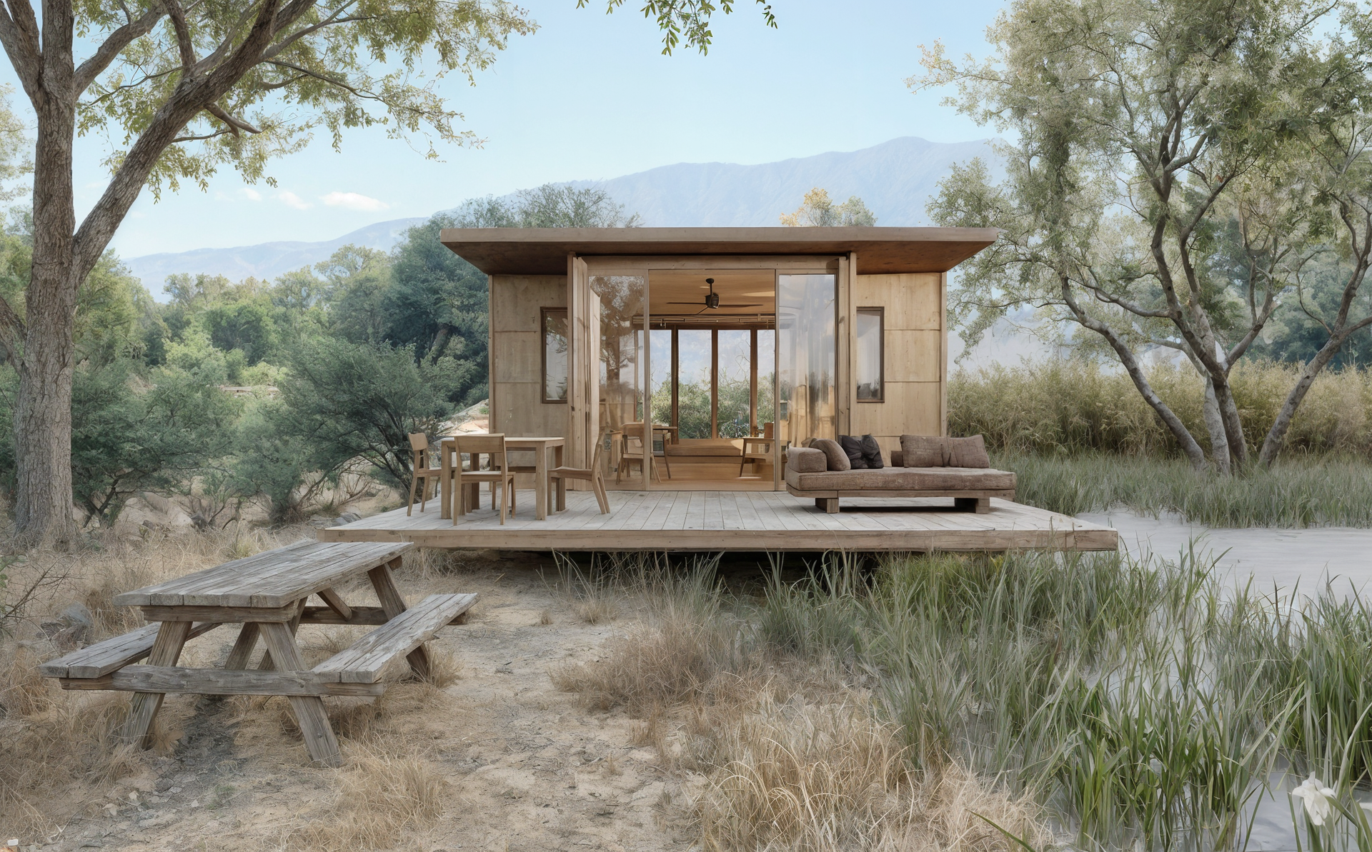 Wooden cabin with open glass doors on a deck, picnic table, and outdoor seating in a natural setting.