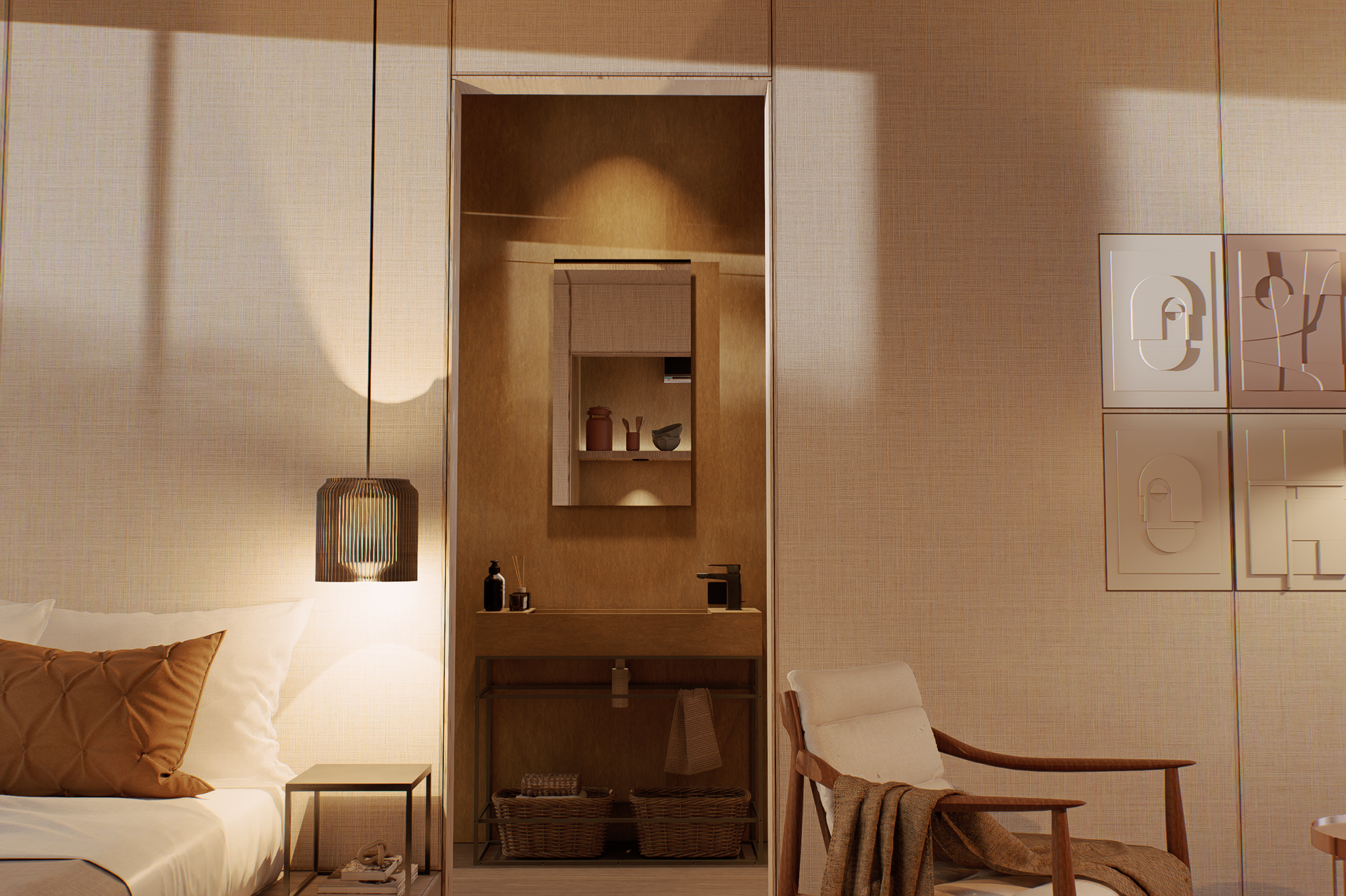 Bedroom with an adjacent bathroom. Neutral walls, warm lighting, bed, chair, and vanity.