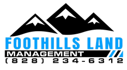 Foothills Land Management logo with mountain peaks, blue and black text, and phone number 828-234-6312