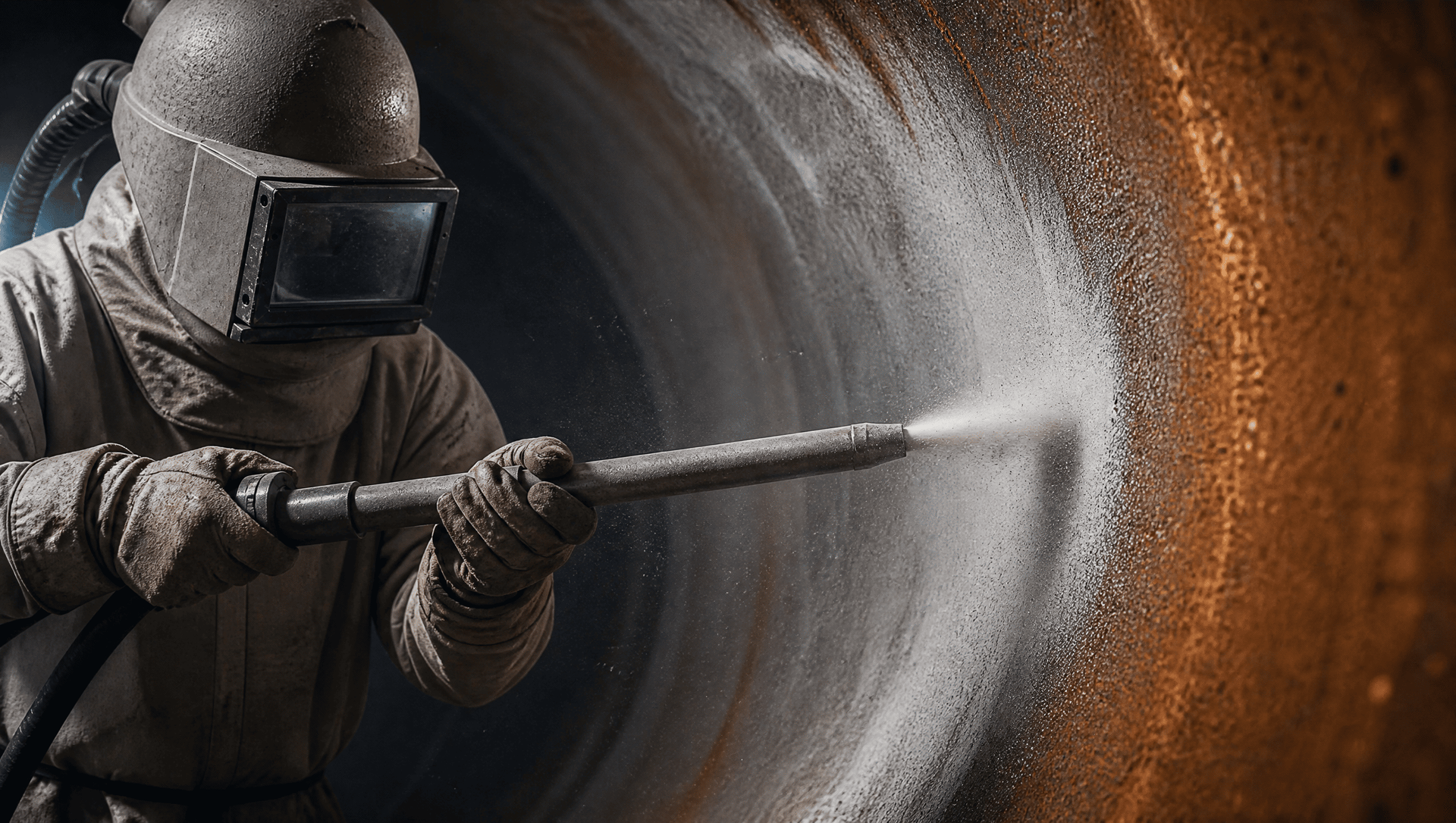 Operário com equipamento de proteção individual jateando o interior de um cano grande, criando uma nuvem de poeira e detritos.
