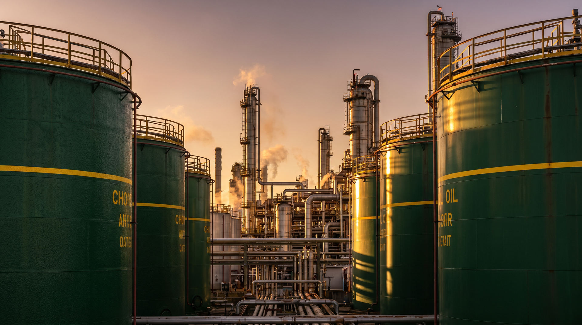 Refinaria industrial com grandes tanques de armazenamento verdes e tubulações ao pôr do sol