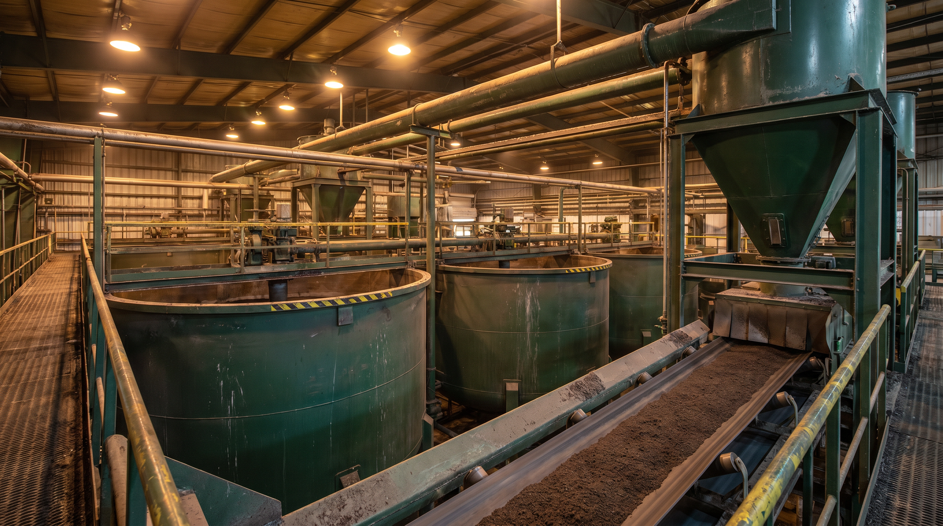 Grande instalação industrial com tanques verde-azulados, passarelas metálicas e tubulações suspensas sob iluminação industrial aconchegante.