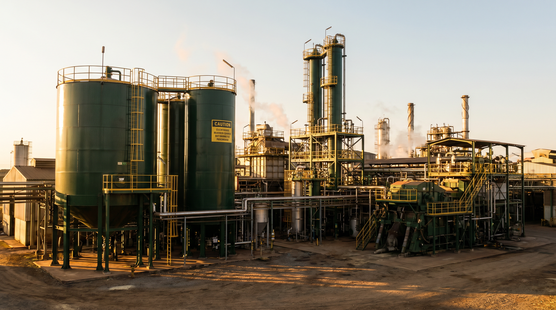 Refinaria industrial de petróleo com tanques de armazenamento e tubulações verdes ao pôr do sol.