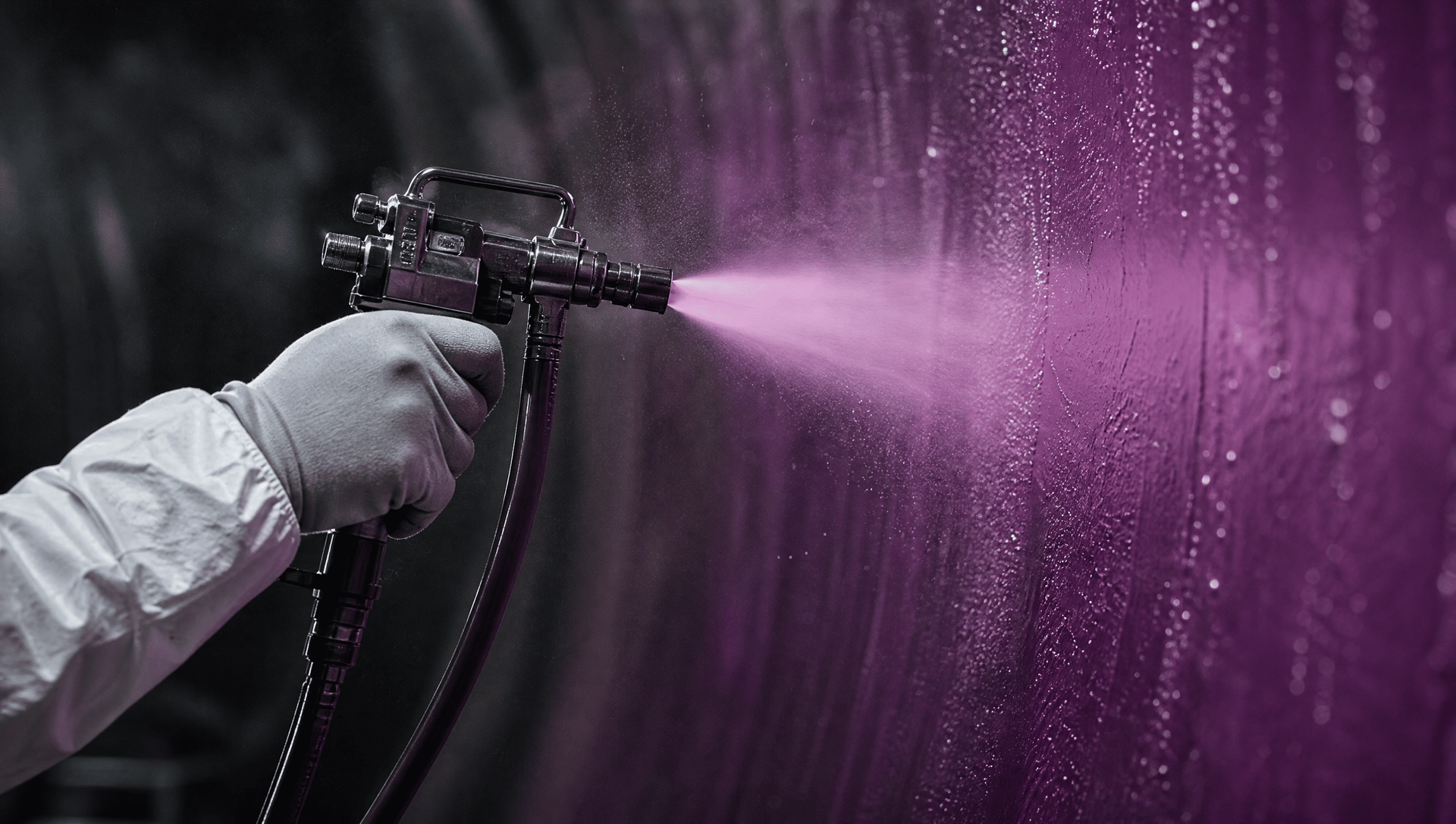 Mão enluvada pulverizando tinta roxa com uma pistola de pintura sobre uma superfície escura.