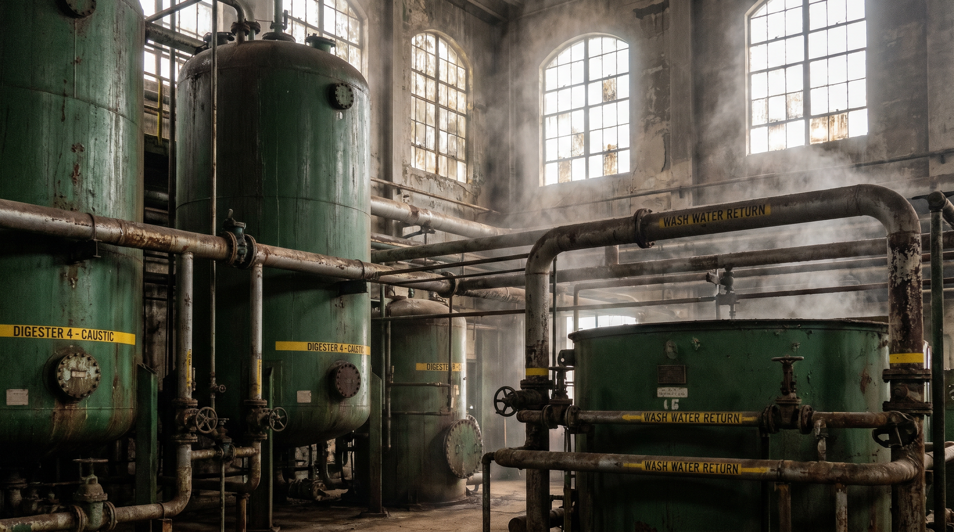 Sala de caldeiras industriais abandonada, com grandes tanques verdes, tubulações enferrujadas e altas janelas em arco.